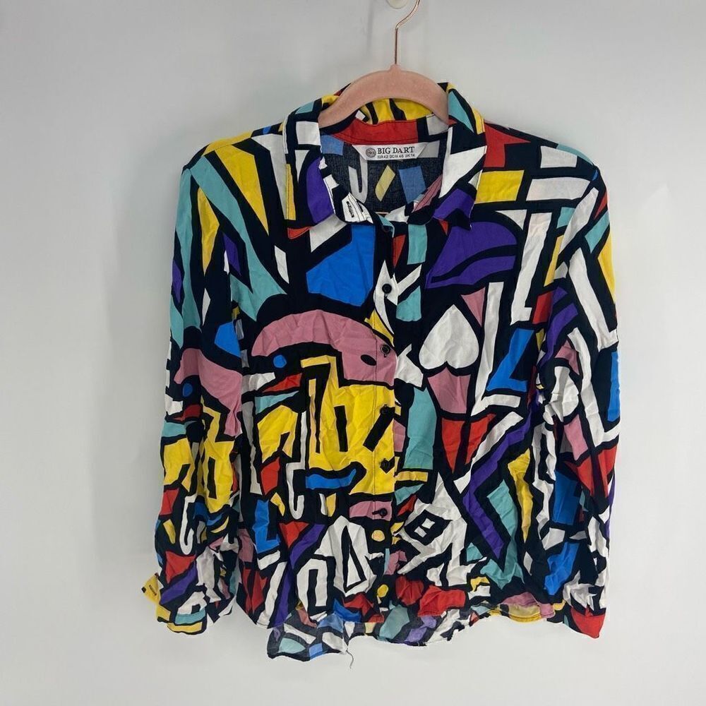 Big Dart Women's Multicolor Button Abstract Long Sleeve Blouse Size Medium